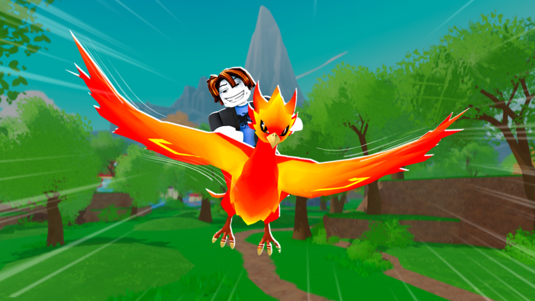 Official Ride A Pet artwork showing a player flying on a Phoenix through the map